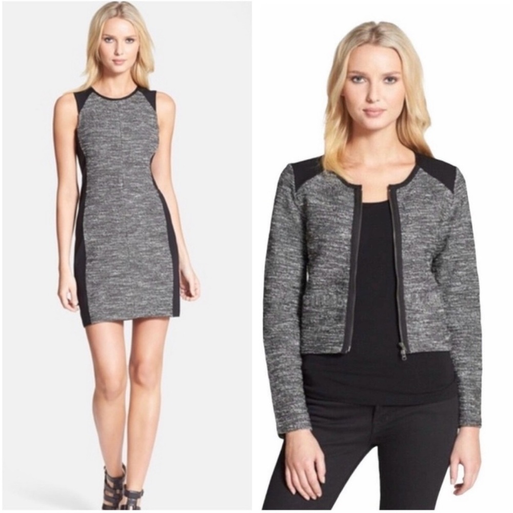 EILEEN‎ FISHER Black White Tweed Knit Ponte Knit Trim Dress Jacket Suit sz L/XL